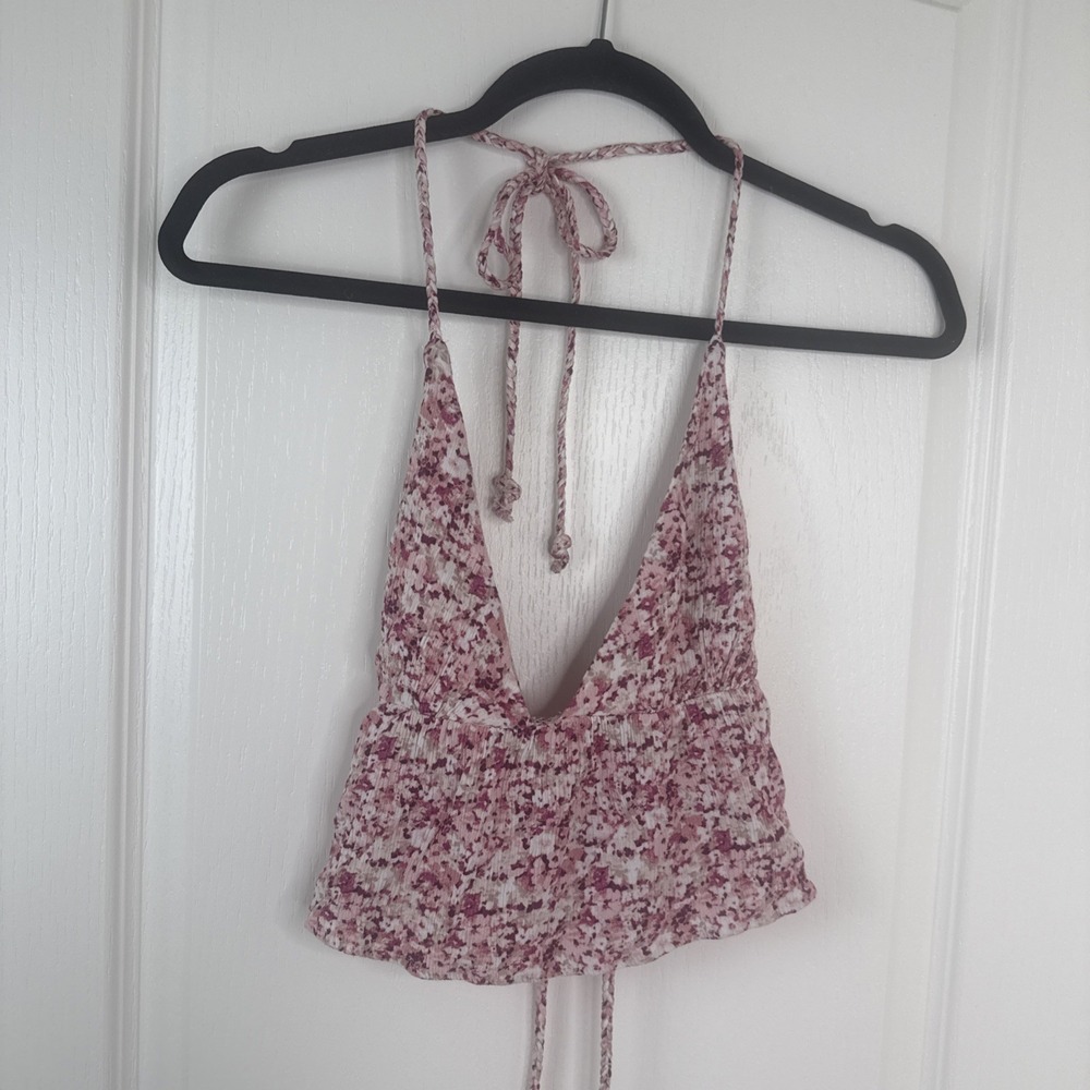 Garage Floral Halter Crop Top Size Large Pink Coquette Y2K Boho Tie Back